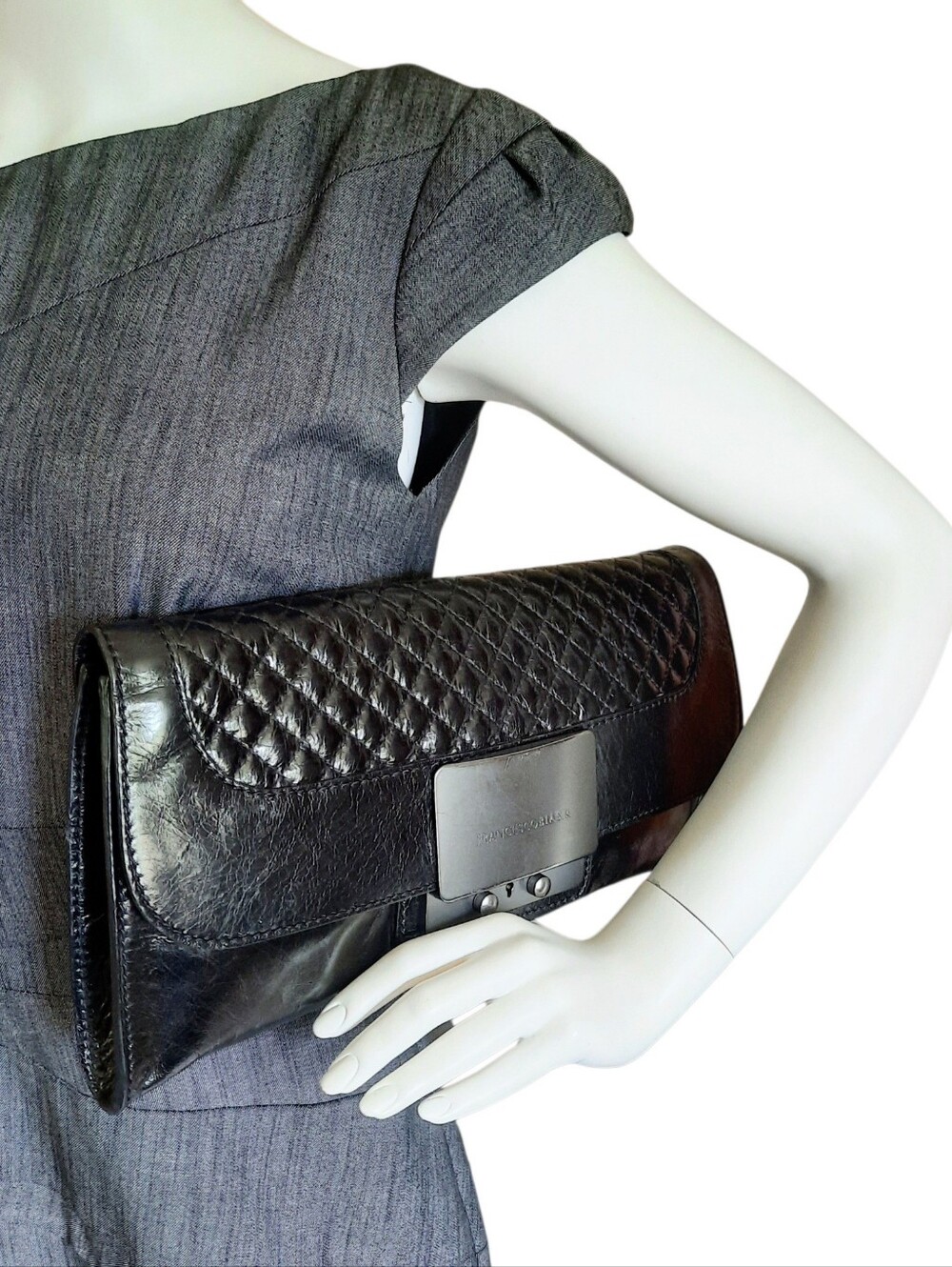 FRANCESCO BIASIA Black Glazed Leather Clutch w/Quilted Flap & Pushlock Closure